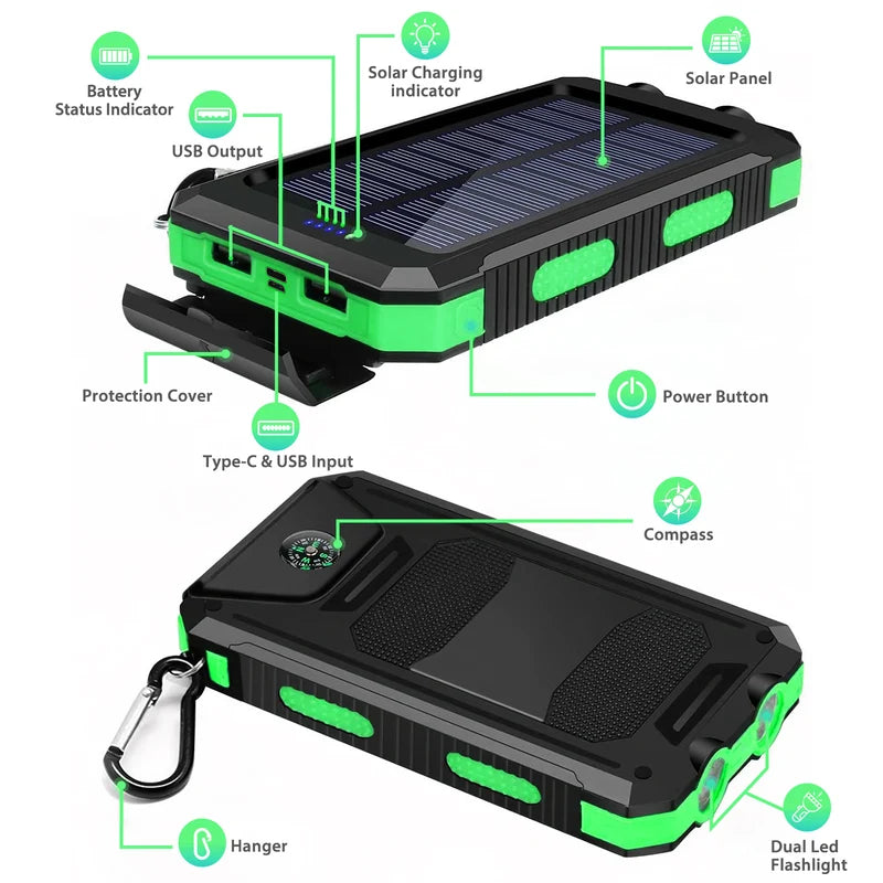 10,000mAh Solar Power Bank Waterproof Portable Charger with Dual USB & LED Flashlight