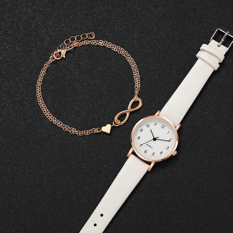 Women's Leather Band Quartz Watch Set with Heart Bracelet - Gold, Arabic Dial
