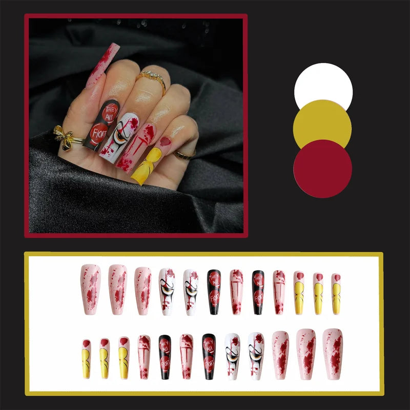 Frosted Long Fake Nails with Horror Blood Eye Design - Halloween Party Press On Nails Set