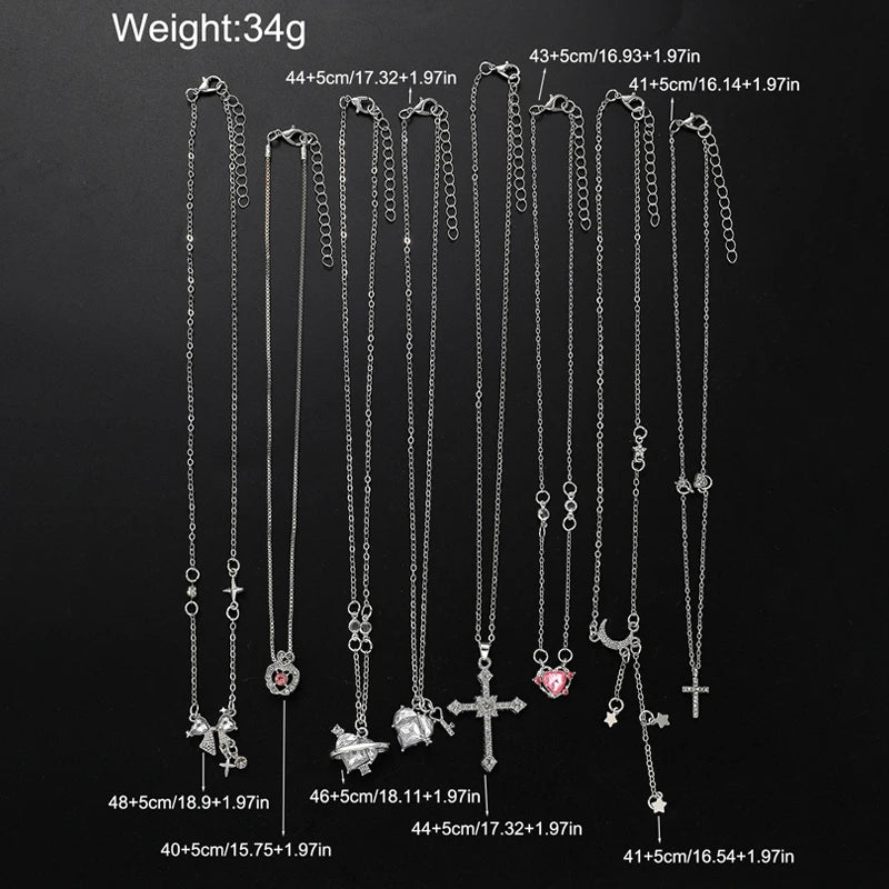 8pcs Y2K Heart Bow Cross Necklace Set for Women - Shiny Clavicle Chain Jewelry