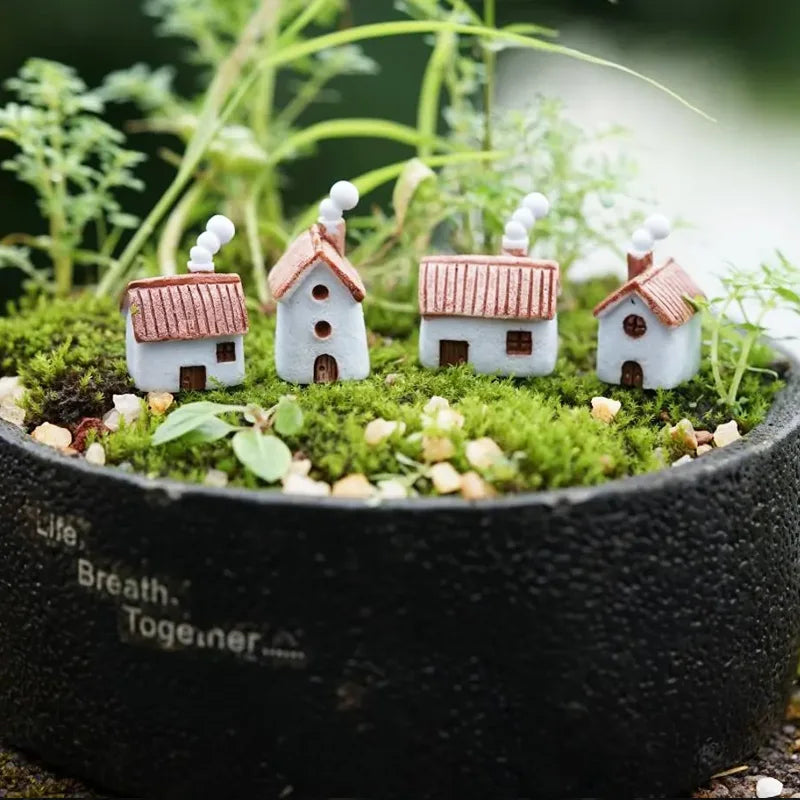 Set of 4 Mini Resin House Figurines for Fairy Garden & Terrarium Decor