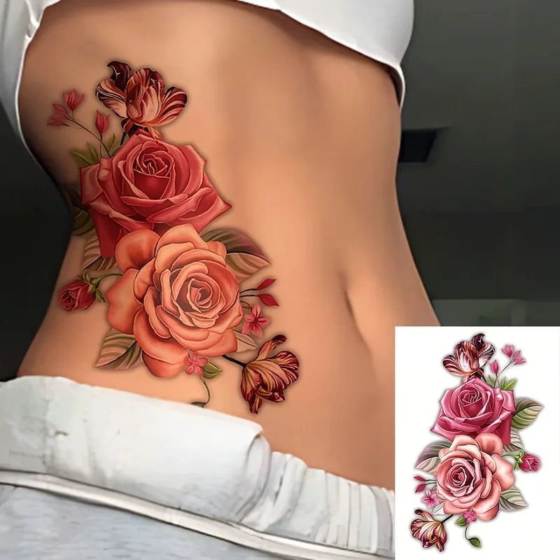 Big Size Romantic Rose Flower Temporary Tattoo Stickers for Women & Girls