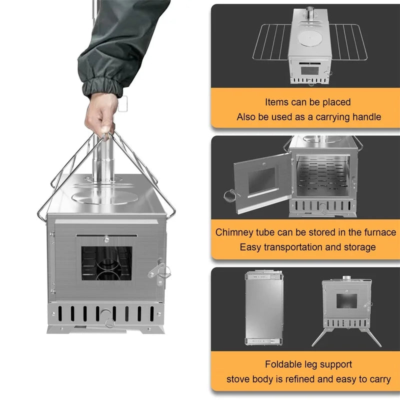 Portable Wood Burning Stove with Chimney Pipes for Camping & Outdoor Heating