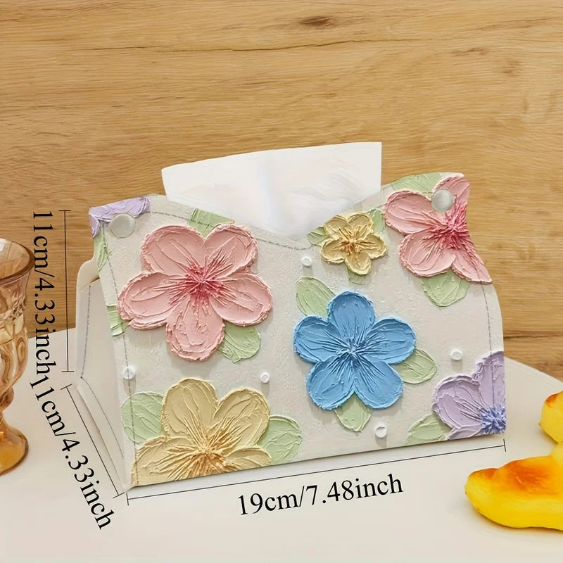 Elegant Floral Tissue Box - Oil Painting Style Desktop Storage for Living Room & Dining
