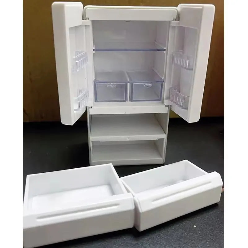 Light-Up Mini Double-Door Refrigerator Dollhouse Model for Pretend Play - 1:12 Scale Food Scene Decoration