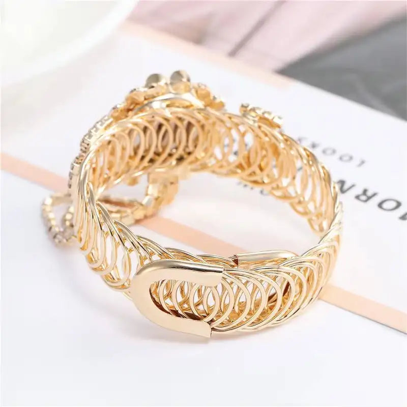 Fashion Women's Quartz Watch with Rhinestones and Adjustable Bangle
