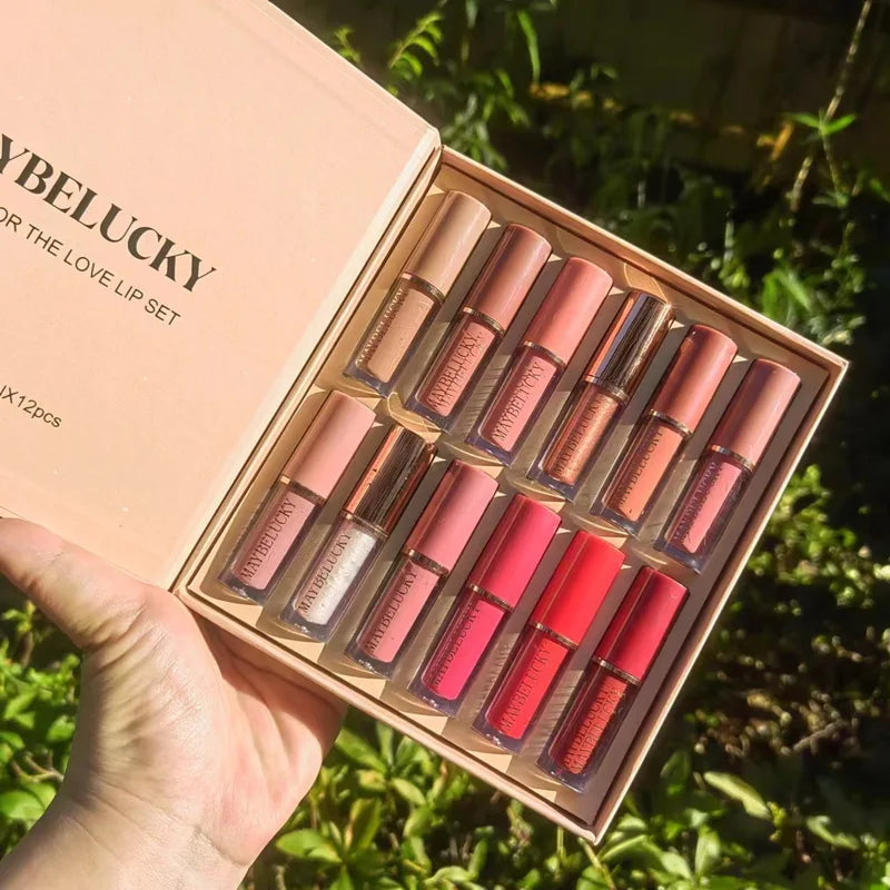 12-Piece Matte Lip Gloss Set with Color-Changing Pearlescent Finish