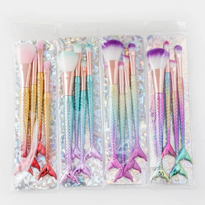 Four-Piece Mermaid Makeup Brush Set - Soft Synthetic Hair, Colorful Handles