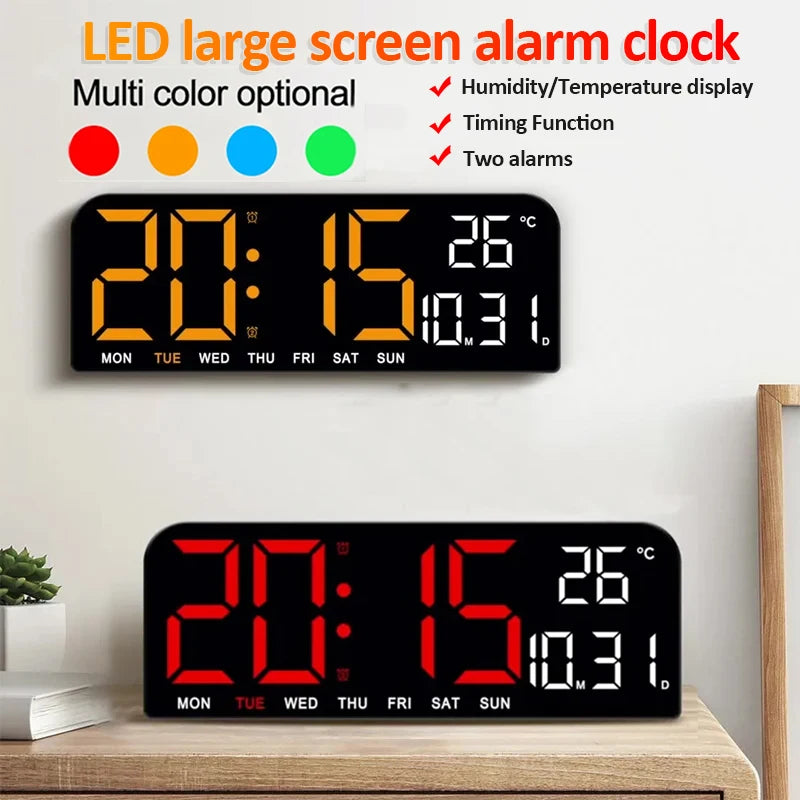 Large LED Digital Wall Clock with Temperature Date Week Display Countdown Brightness Adjustable Dual Alarm