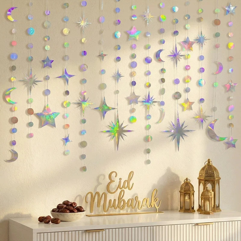 Colorful Iridescent Star Moon Circle Dot Hanging Garland Party Decor Ramadan Eid Wedding Baby Shower Birthday