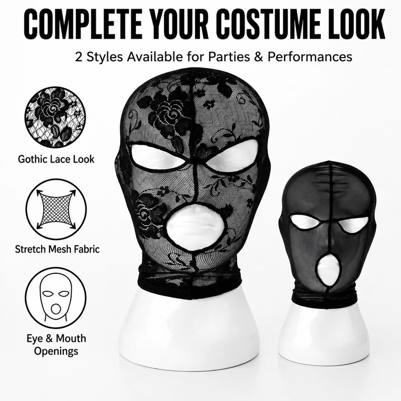 Gothic Lace Full Face Mask for Halloween Cosplay - Stretch Mesh Hood with Eye & Mouth Openings