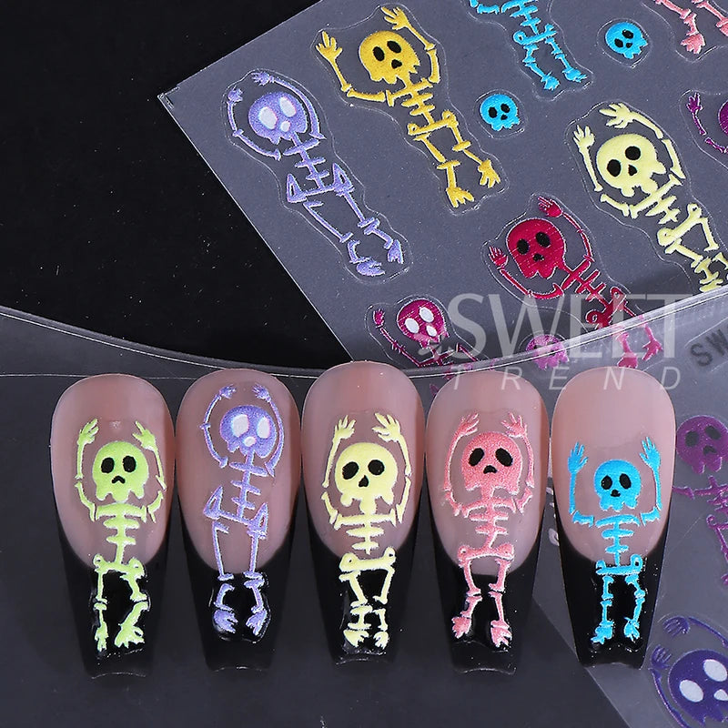2pcs Skeleton Halloween Nail Stickers Cartoon Skull Head Textured Decals DIY Manicure Accessories