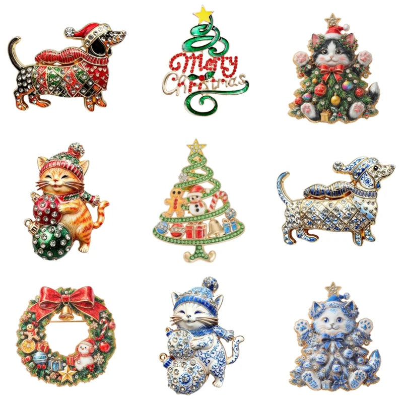 Luxury Christmas Dog and Cat Wreath Brooches - Holiday Animal Accessories