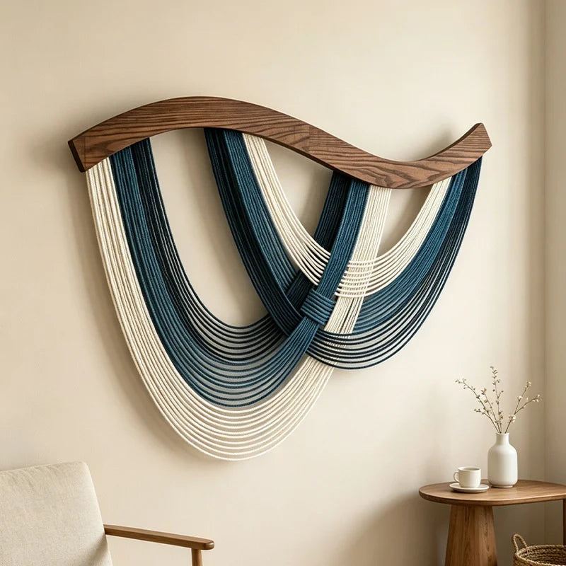 Boho Macrame Wall Hanging Tapestry with Wooden Rod - Nordic Style Home Decor