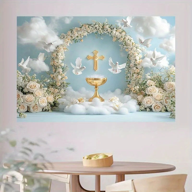 2D Wedding Banner with Golden Chalice, White Dove & Floral Arch - Party Decoration