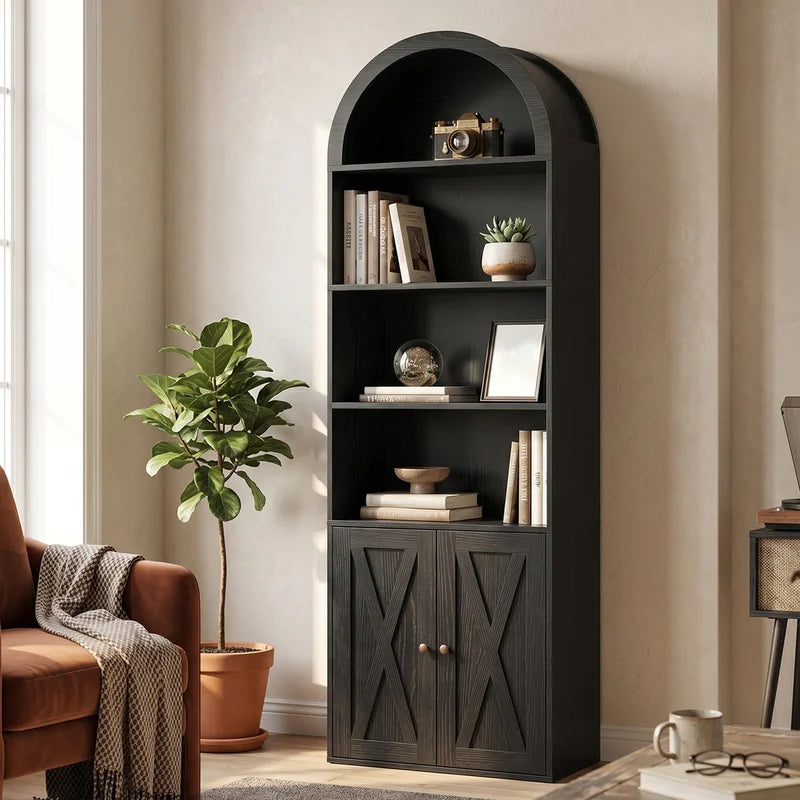 70-Inch Black Arched Bookcase with 6 Shelves - Freestanding Storage Cabinet for Living Room and Kitchen