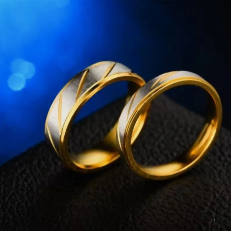 Fashion Stainless Steel Gold Plated Wave Pattern Couple Ring Engagement Wedding Promise Jewelry