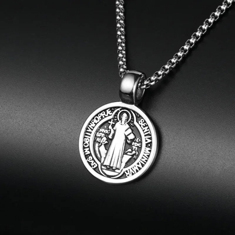 Stainless Steel Saint Benedict Necklace Men Women Religious Pendant Amulet