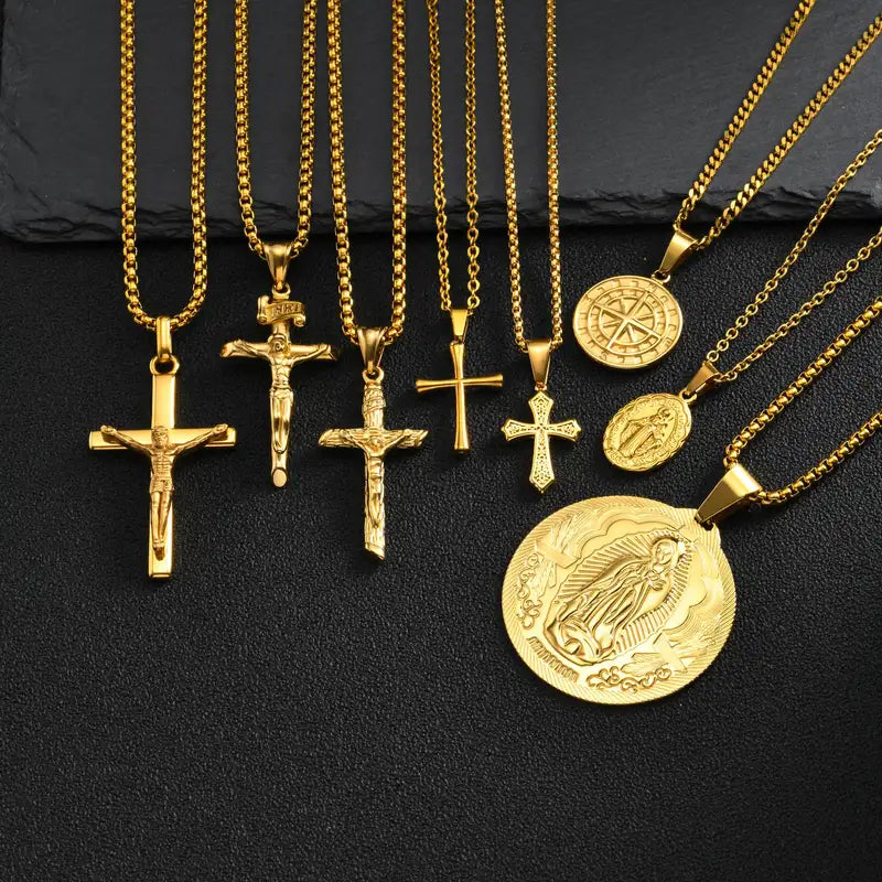 Men's Geometric Cross Pendant Necklace - Silver Plated Stainless Steel Jewelry