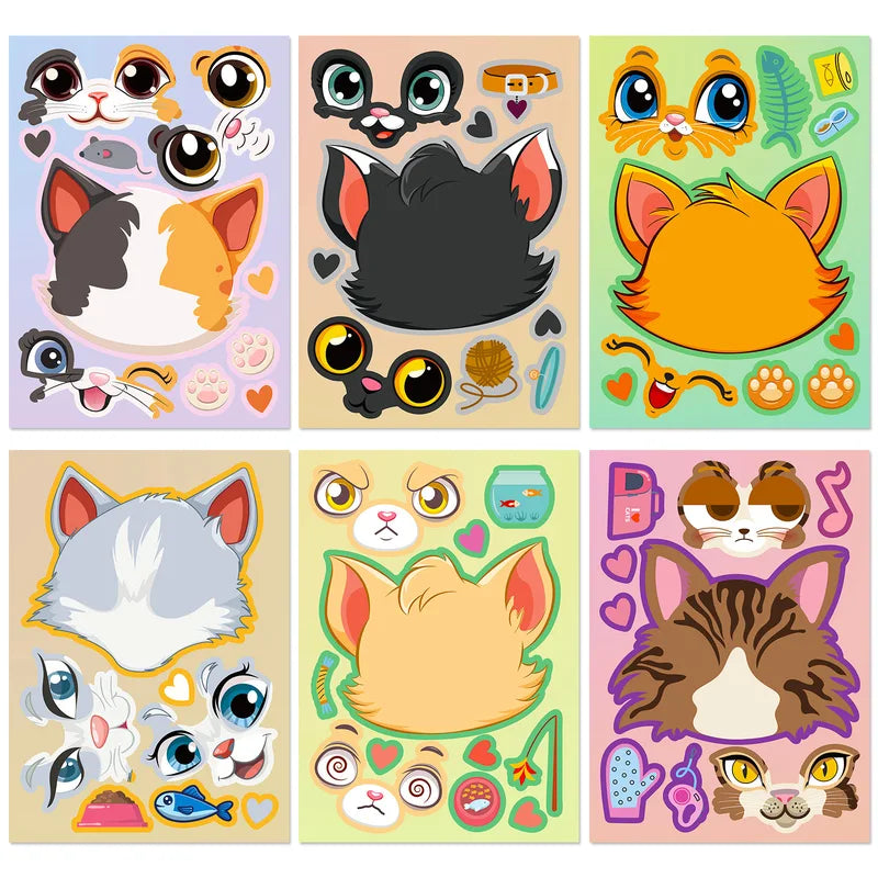 6pcs Cartoon Cat Face Changing Puzzle Stickers Kids DIY Face Toy Animal Accessories