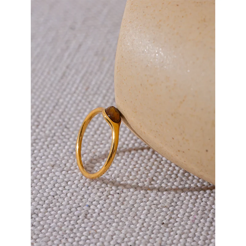 Minimalist Natural Stone Stainless Steel Gold Ring for Women Waterproof Jewelry Gift