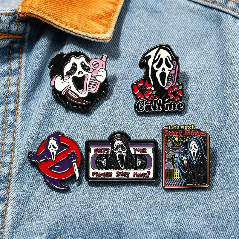 5-Piece Gothic Skull Enamel Brooch Set - Punk Metal Badge Jewelry Halloween Gifts