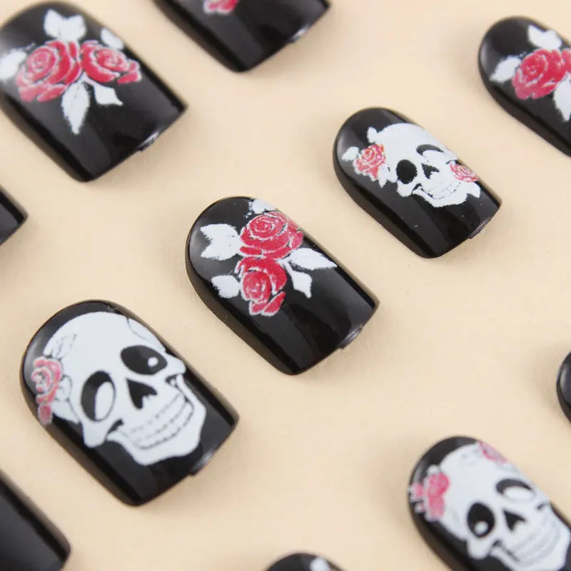 24Pcs Halloween Black Red Rose Square Press-On Nails with Skull Design - Reusable Fake Nails