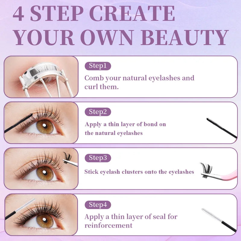 DIY Lash Extension Kit with Clusters, Bond & Seal Remover, Tweezers & Brush - Multiple Colors