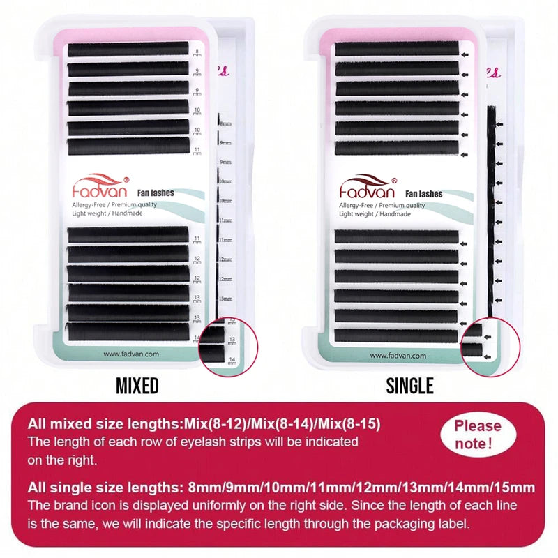 False Eyelash Extensions Flare Fans - Russian Volume Silk Lashes, 0.05/0.07mm, D/C Curl, Multiple Lengths