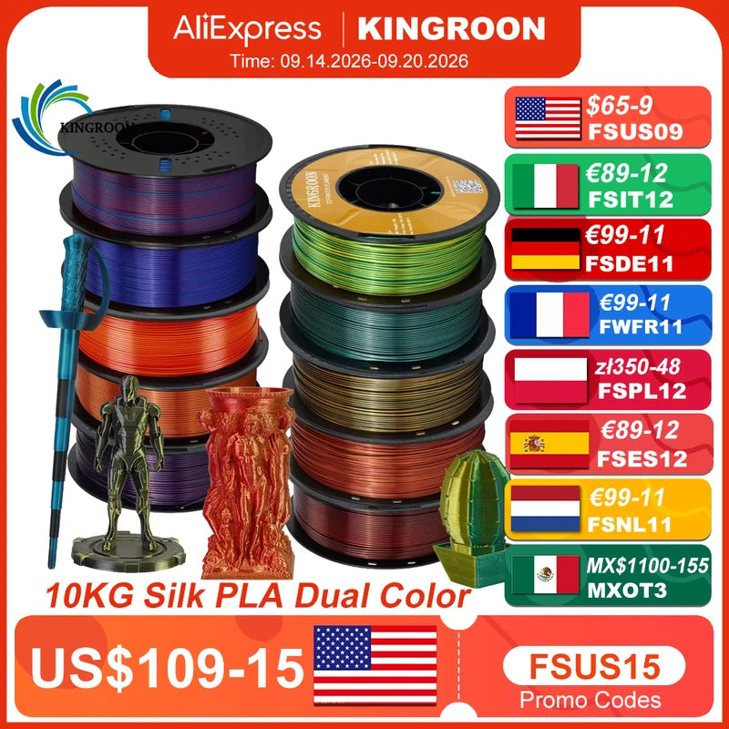 Dual-Color Silk PLA 3D Printer Filament 1.75mm for FDM 3D Printing - 11/22 lbs