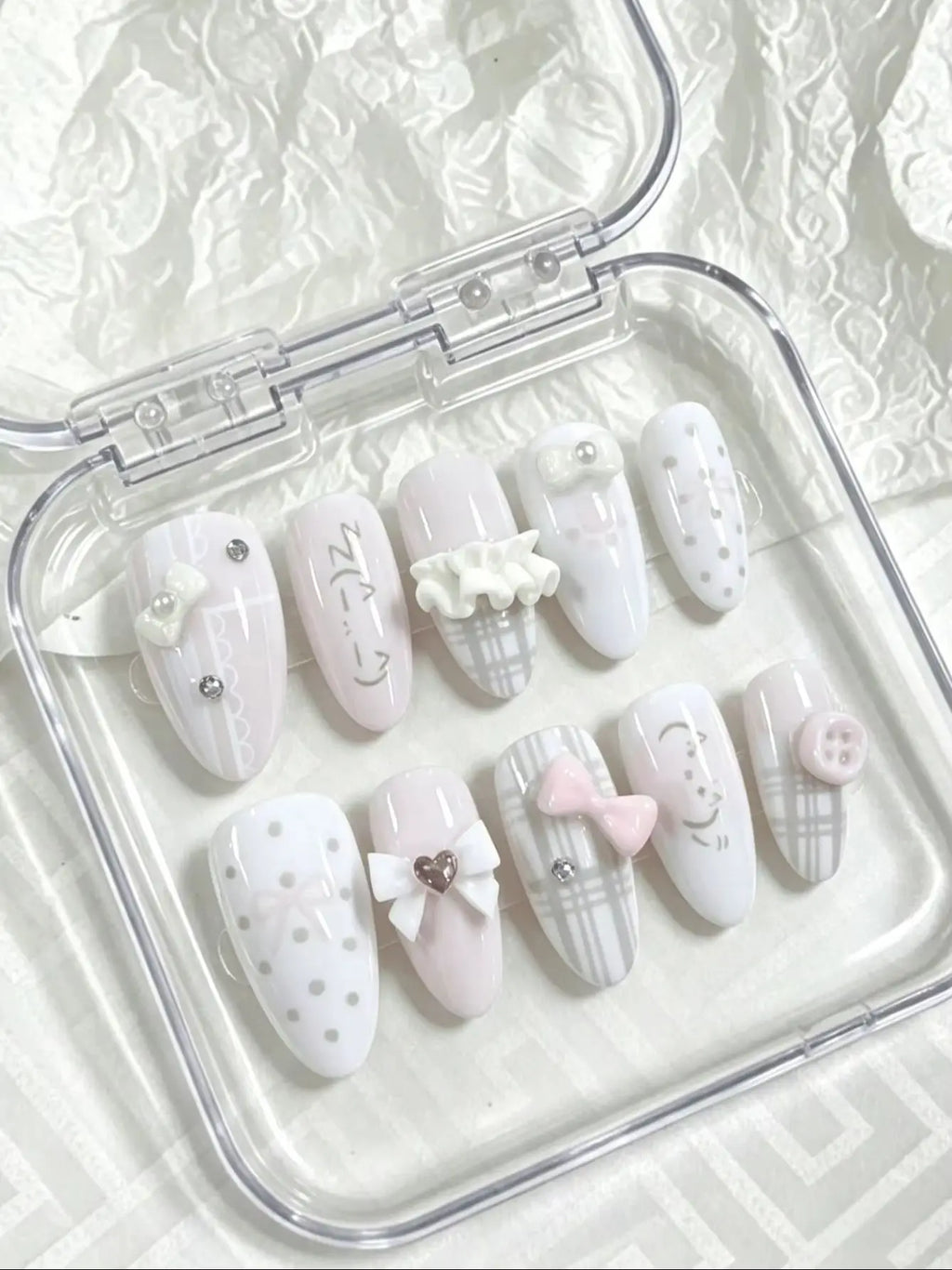 Full-Cover Nail Tips Set - Almond Shape, Pink & White Cherry Dots, 10 Pieces, Includes Glue & File