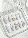 Full-Cover Nail Tips Set - Almond Shape, Pink & White Cherry Dots, 10 Pieces, Includes Glue & File