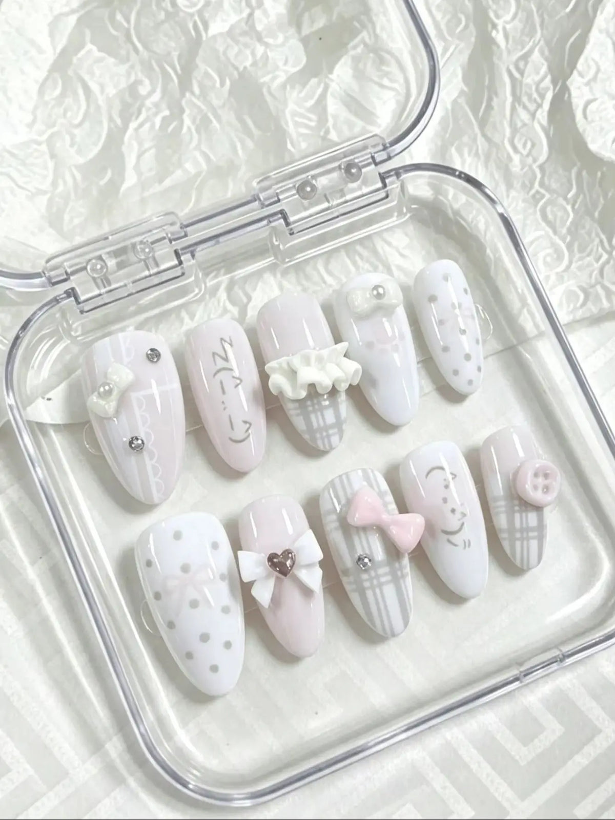 Full-Cover Nail Tips Set - Almond Shape, Pink & White Cherry Dots, 10 Pieces, Includes Glue & File