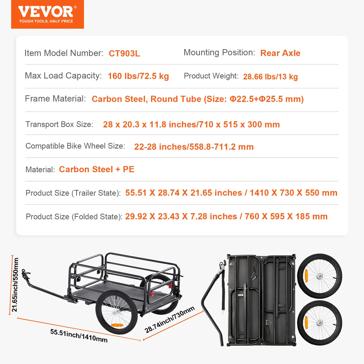 Bike Cargo Trailer 160 lbs Capacity Foldable Bicycle Wagon with 16-Inch Wheels