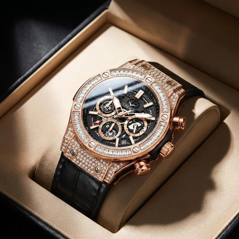 ONOLA Men's Skeleton Diamond Bezel Chronograph Watch with Red Leather Strap Waterproof
