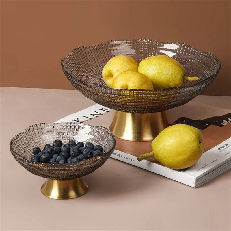 Glass Fruit Plate with Metal Storage Box for Living Room Snack Serving Tray