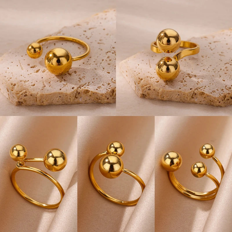 Stainless Steel Double-Layer Bead Ring for Women Geometric Ball Open Jewelry