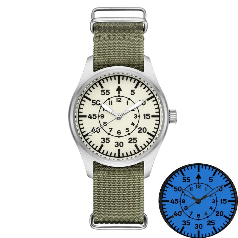 Men's Vintage Pilot Quartz Watch 40mm Stainless Steel Waterproof Sapphire Crystal