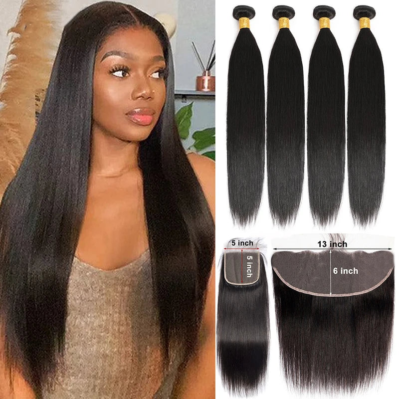 Virgin Human Hair Bundles with 5x5 Closure - Straight 10-30 Inch