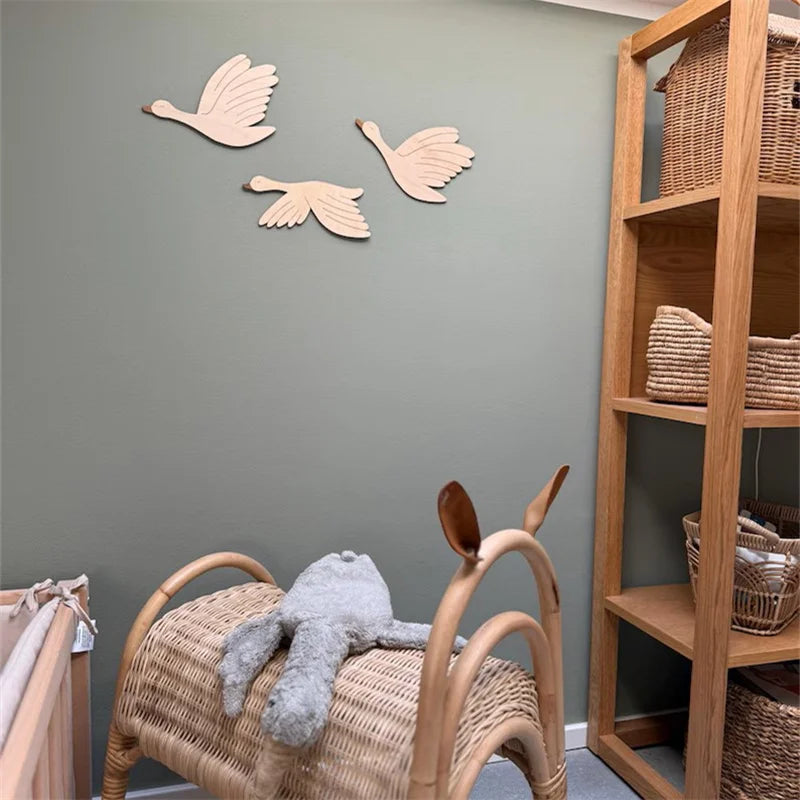 Wooden Geese Wall Art - Family of 3 Flying Bird Decor for Kids Room & Holidays