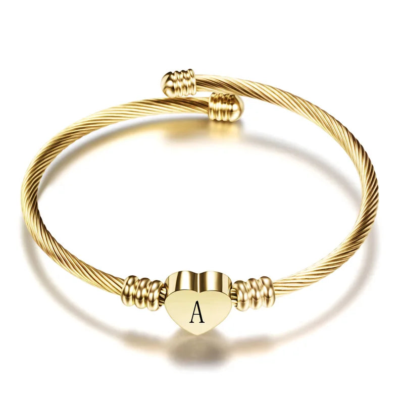 Initial Letter Alphabet Heart Charm Cuff Bracelet for Women - Stainless Steel Jewelry