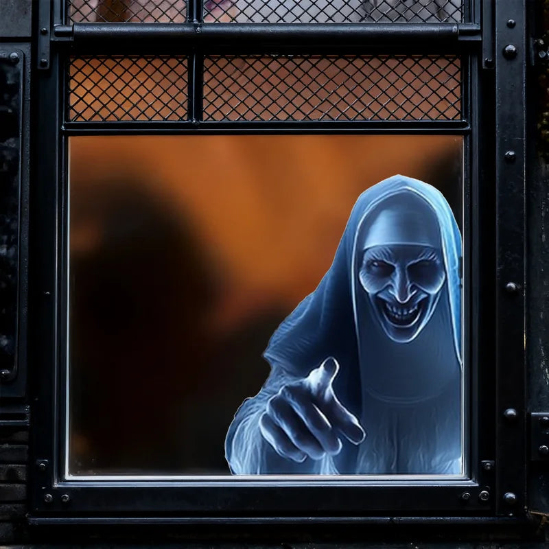 Halloween Zombie Nun Window Stickers - Evil Smile Vinyl Decals for Indoor Party Decor