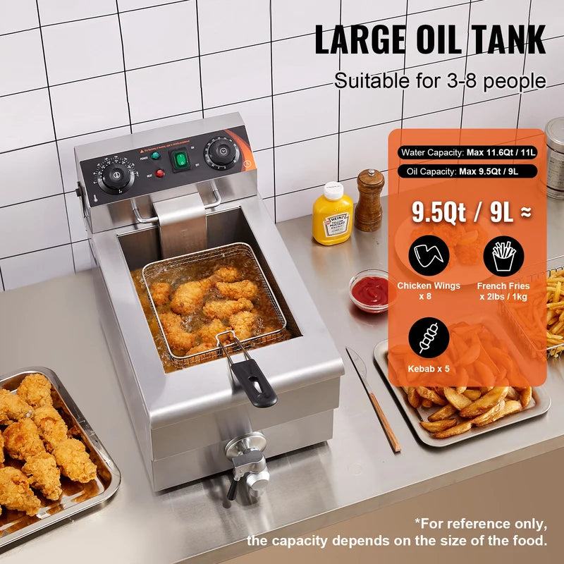 Commercial Electric Deep Fryer with Basket, Stainless Steel, Time & Temp Control