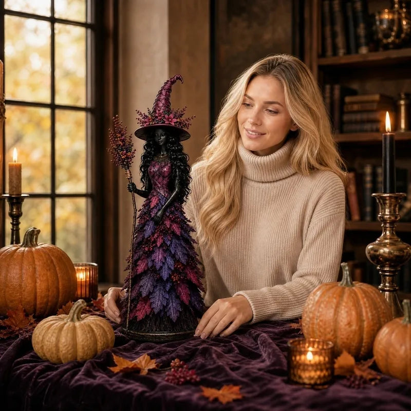 15CM Leaf Witch Figurine Halloween Decoration Set - Berry Staff Craft Ornament