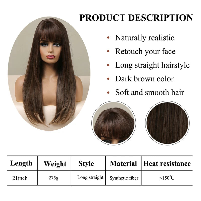 Long Straight Synthetic Wig with Ombre Dark Brown Bangs for Women - Heat Resistant, Daily Wear & Cosplay