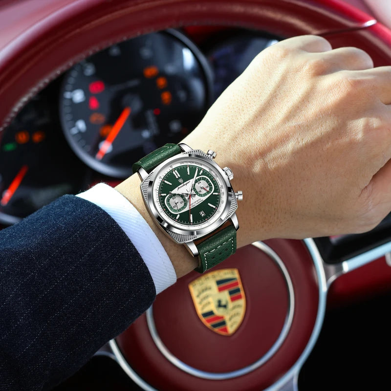 Men's Waterproof Luminous Chronograph Quartz Watch with Leather Strap