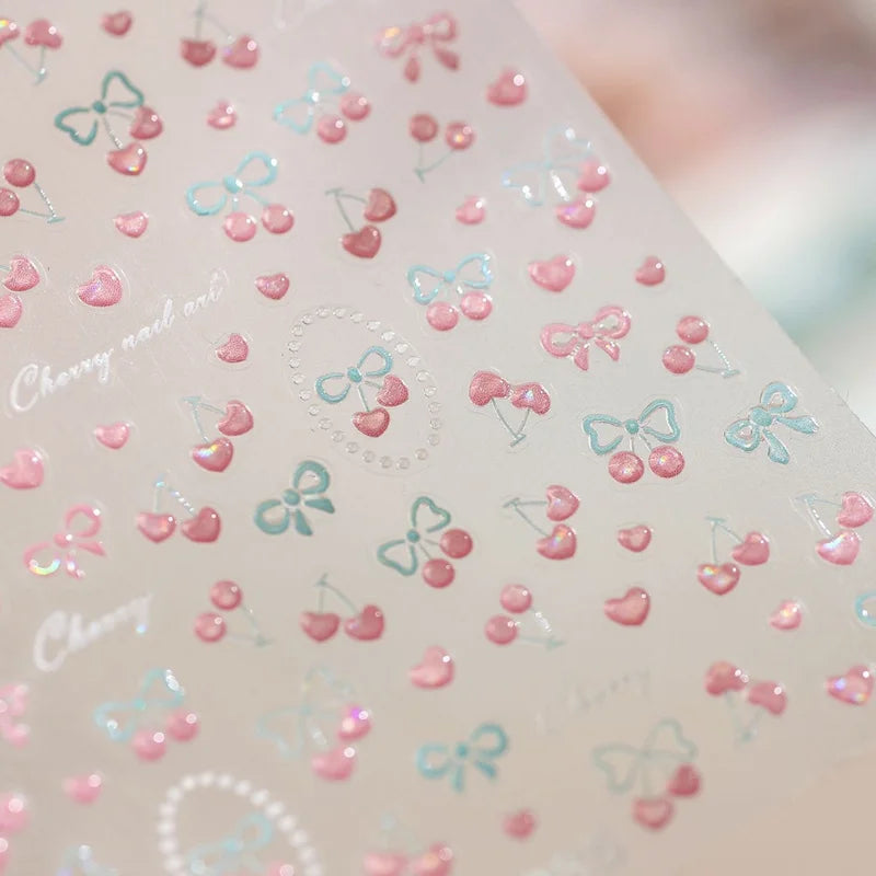 Pink Blue Cherry Bow Nail Art Sticker Set - 5D Self-Adhesive Decals for Manicure