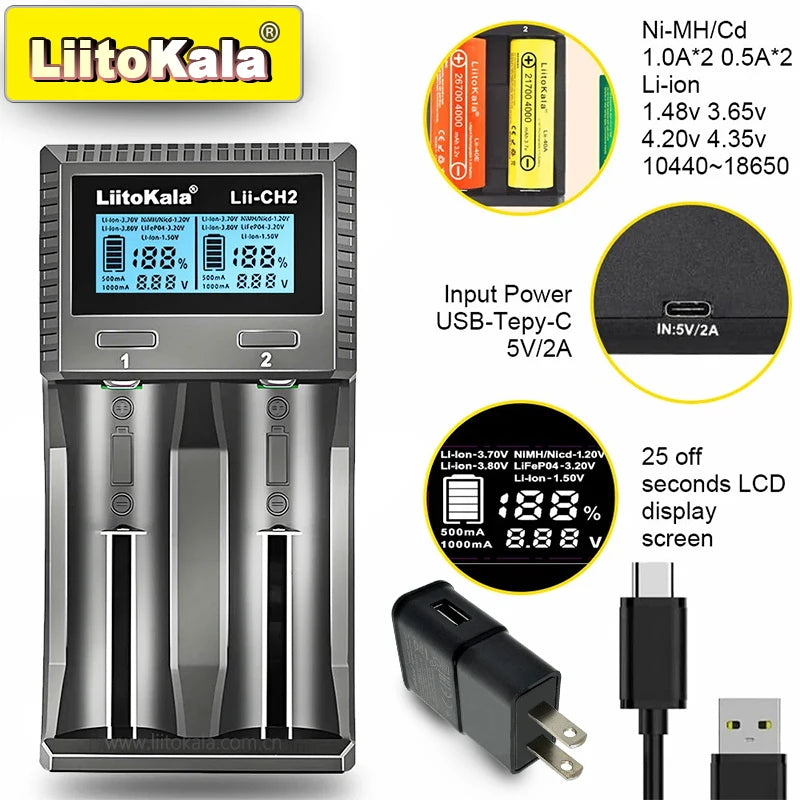 Smart Battery Charger for 18650, 21700, 26650, AA, AAA Batteries - Fast USB-C Charging