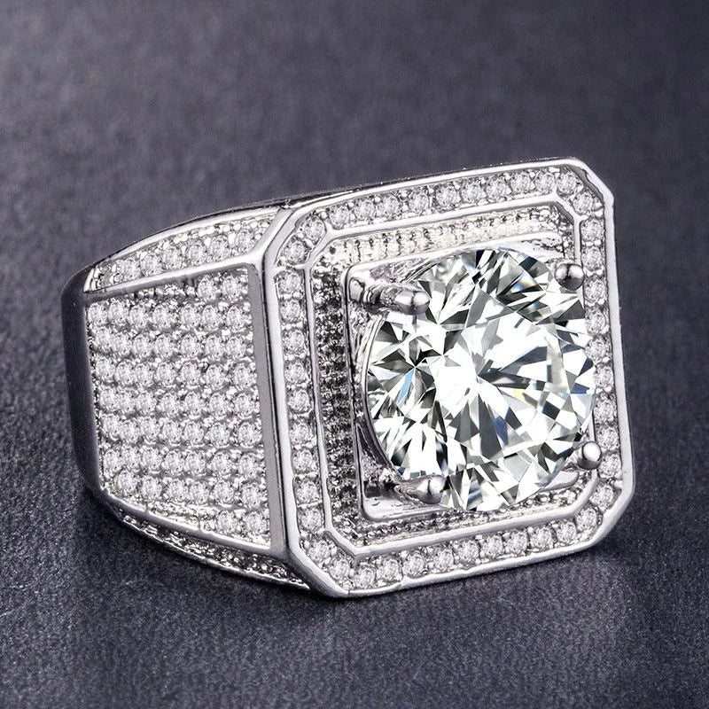 Big Rhinestone Hip Hop Square Ring for Men - Pave CZ Engagement Jewelry