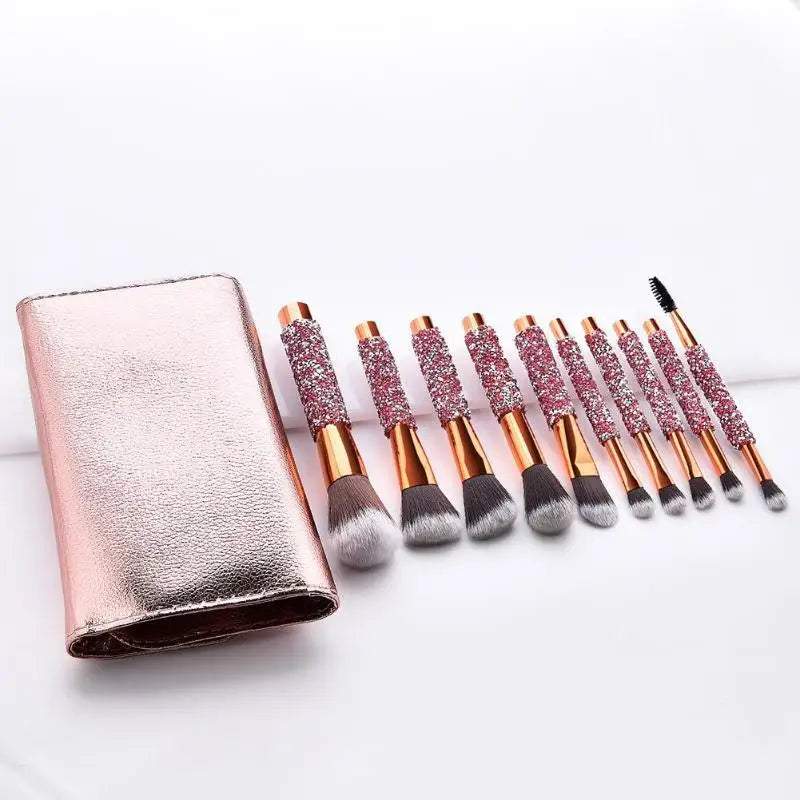 Diamond Studded Makeup Brush Set with Travel Bag - 10 Professional Cosmetic Tools